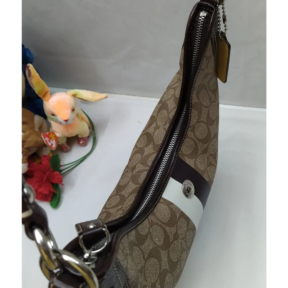 Coach Signature Brown Leather Heritage Strip Zipper Hobo Shoulder Bag
